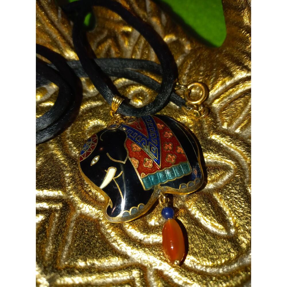 Vintage Black Rope Cloisonne Pendant Necklace Puffy Elephant Double Sided - Picture 2 of 5